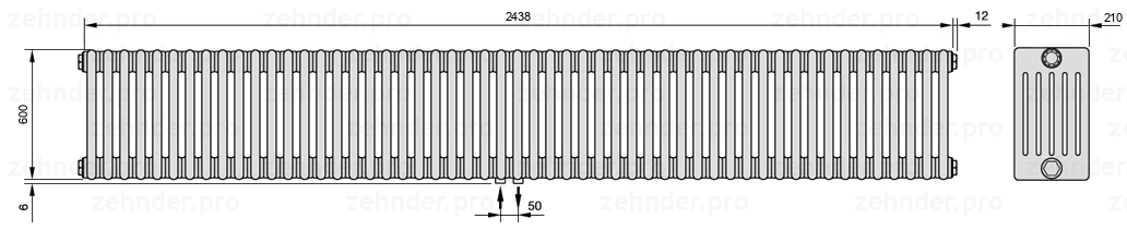Схема (чертеж) Радиатор Zehnder Charleston 6060/53 №3470 Белый глянцевый RAL 9016